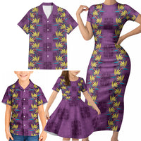 Hawaii Waikiki King Family Matching Short Sleeve Bodycon Dress and Hawaiian Shirt Purple Quilt With Pua Manu