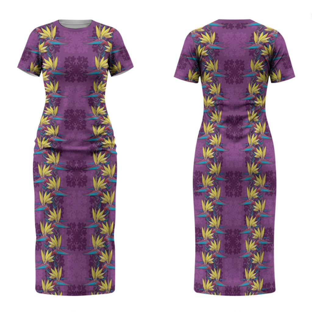 Hawaii Waikiki King Family Matching Short Sleeve Bodycon Dress and Hawaiian Shirt Purple Quilt With Pua Manu