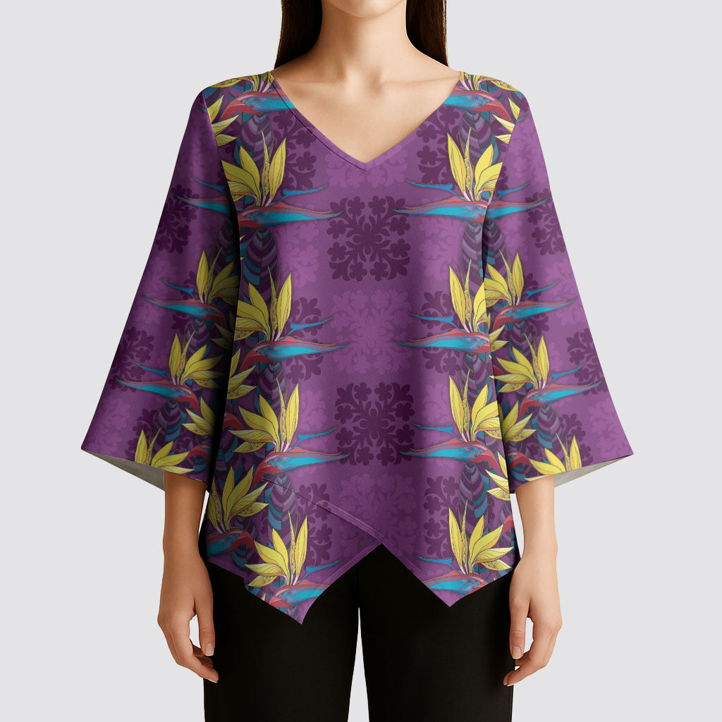 Hawaii Waikiki King Kimono Sleeve Blouse Purple Quilt With Pua Manu