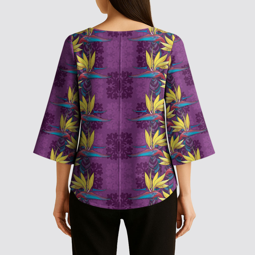 Hawaii Waikiki King Kimono Sleeve Blouse Purple Quilt With Pua Manu