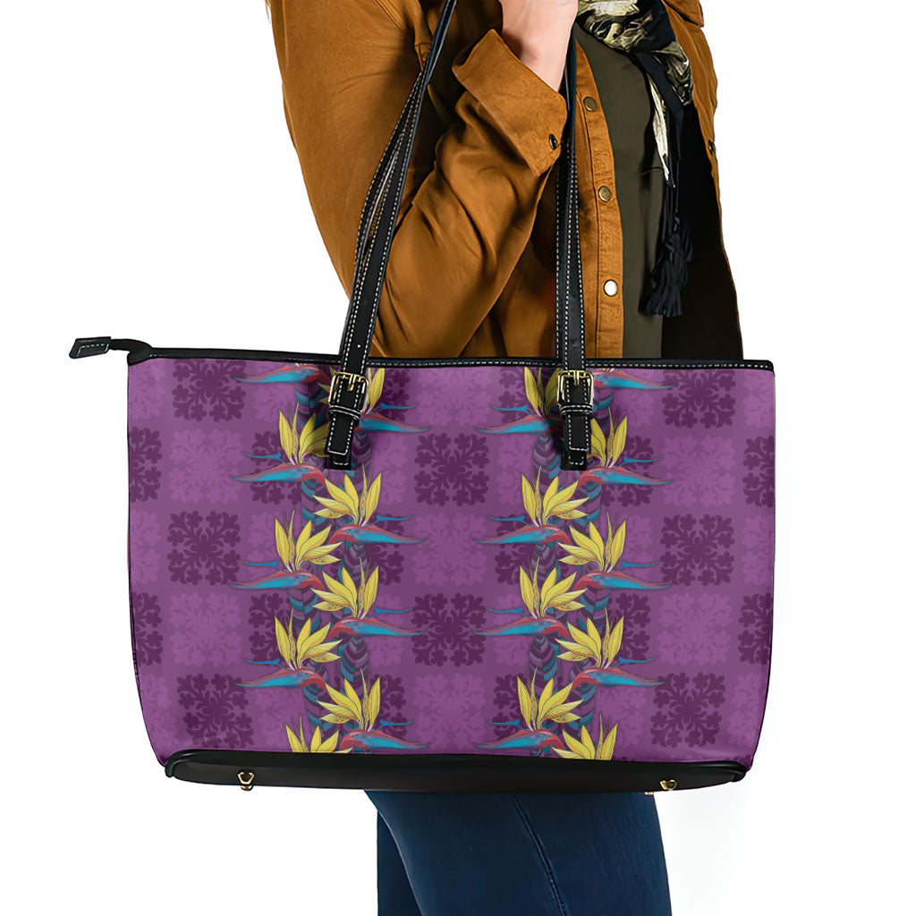 Hawaii Waikiki King Leather Tote Bag Purple Quilt With Pua Manu
