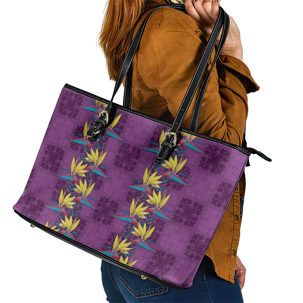 Hawaii Waikiki King Leather Tote Bag Purple Quilt With Pua Manu
