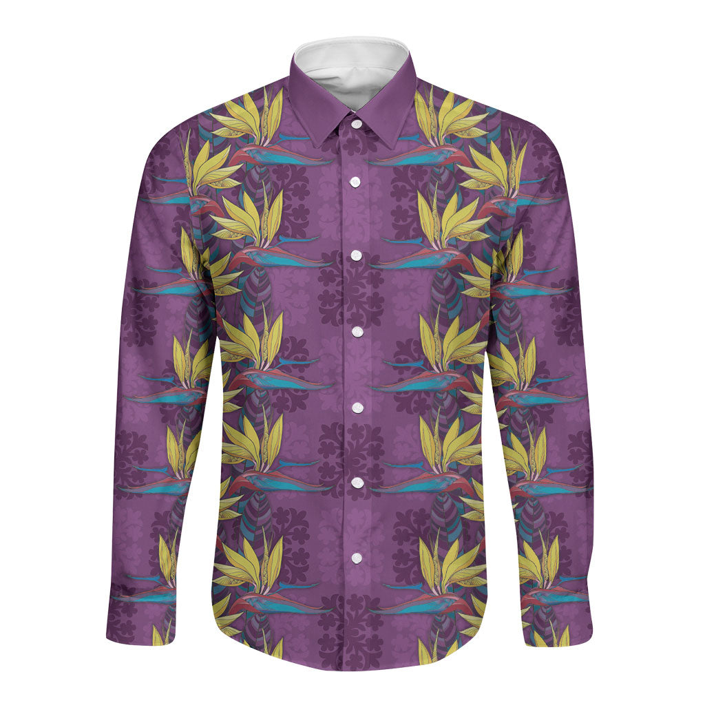 Hawaii Waikiki King Long Sleeve Button Shirt Purple Quilt With Pua Manu