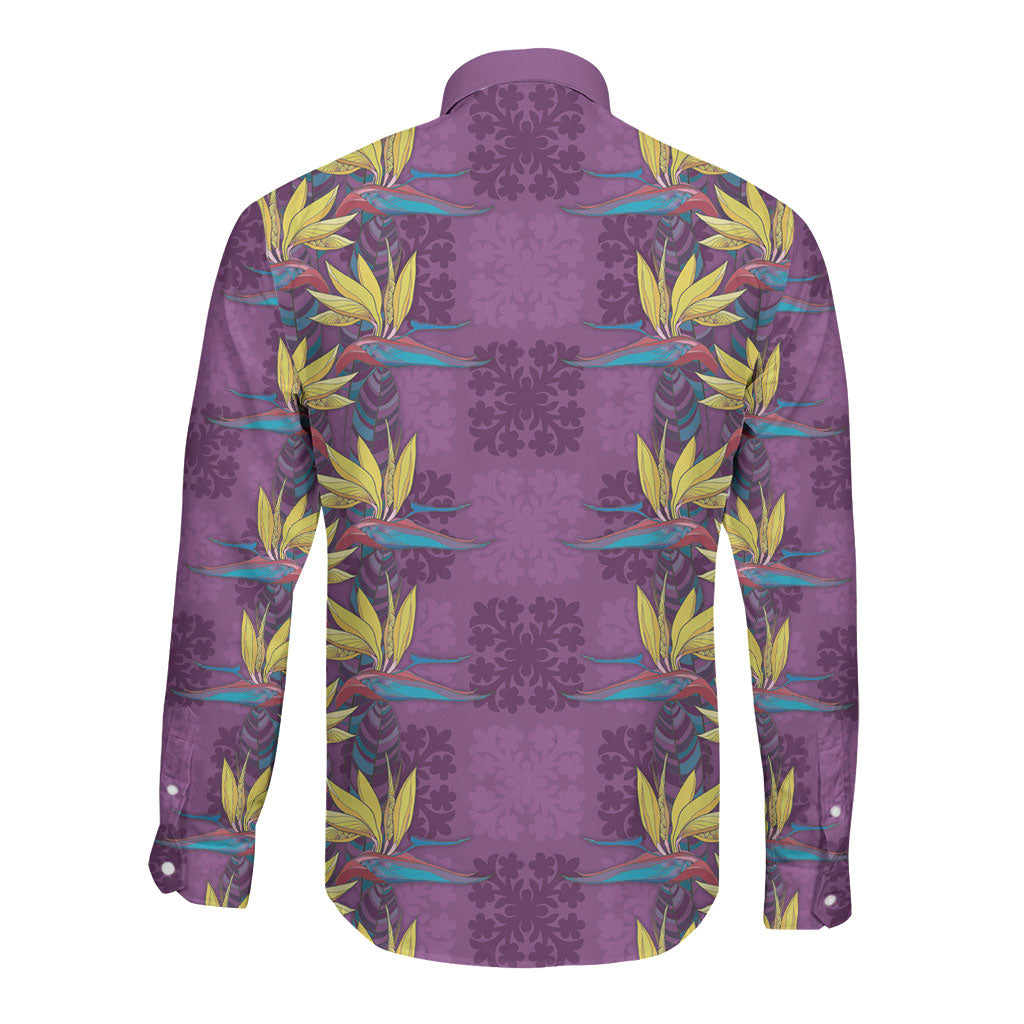 Hawaii Waikiki King Long Sleeve Button Shirt Purple Quilt With Pua Manu