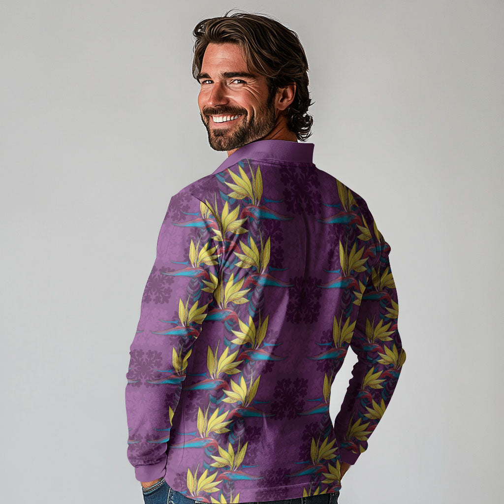 Hawaii Waikiki King Long Sleeve Polo Shirt Purple Quilt With Pua Manu