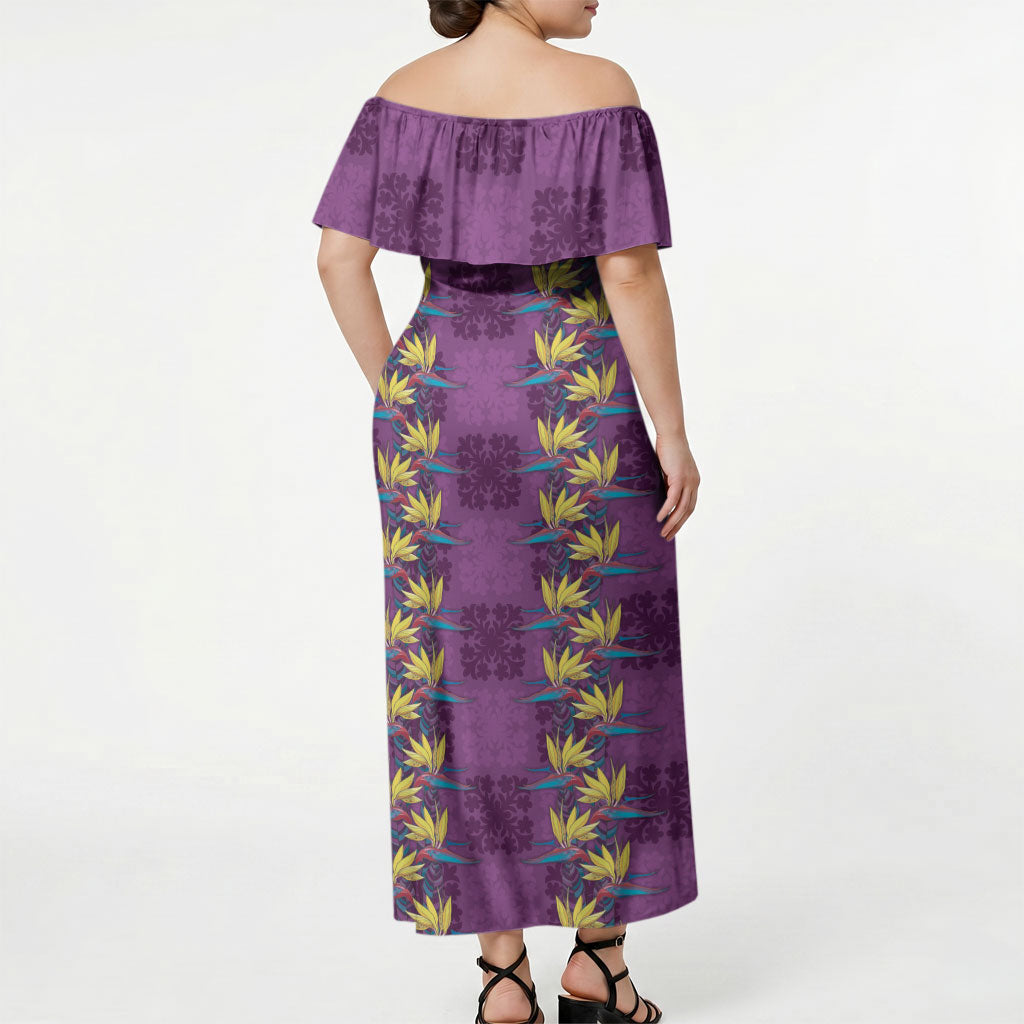 Hawaii Waikiki King Off Shoulder Maxi Dress Purple Quilt With Pua Manu