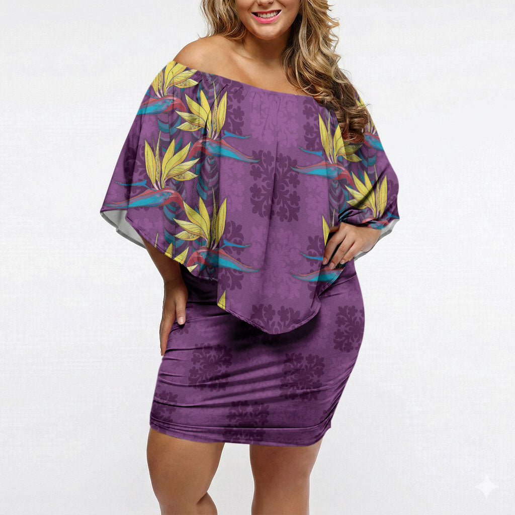 Hawaii Waikiki King Off Shoulder Short Dress Purple Quilt With Pua Manu