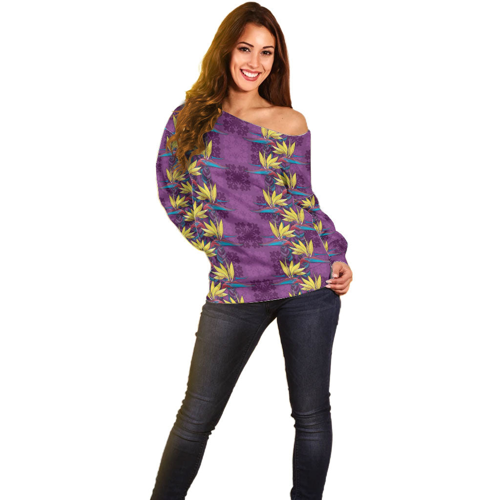 Hawaii Waikiki King Off Shoulder Sweater Purple Quilt With Pua Manu