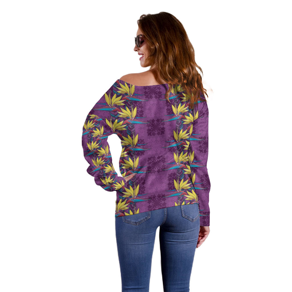 Hawaii Waikiki King Off Shoulder Sweater Purple Quilt With Pua Manu
