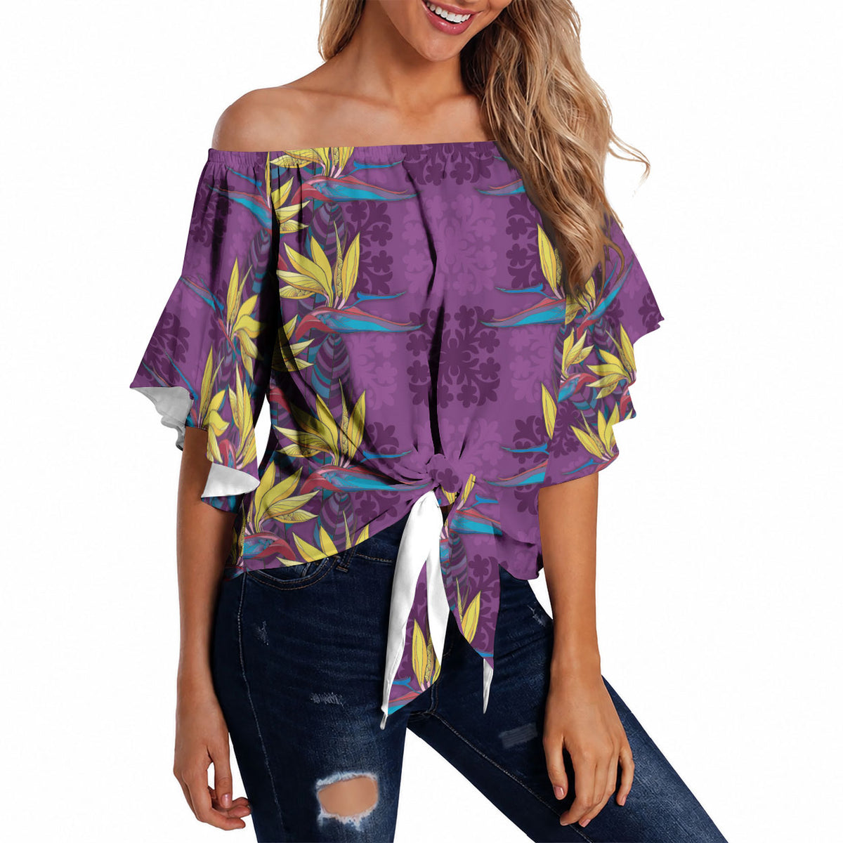 Hawaii Waikiki King Off Shoulder Wrap Waist Top Purple Quilt With Pua Manu