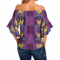 Hawaii Waikiki King Off Shoulder Wrap Waist Top Purple Quilt With Pua Manu