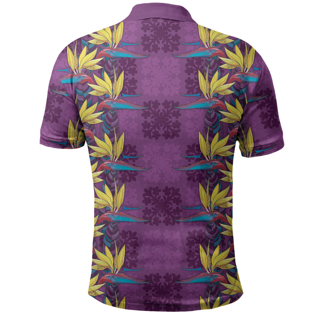 Hawaii Waikiki King Polo Shirt Purple Quilt With Pua Manu