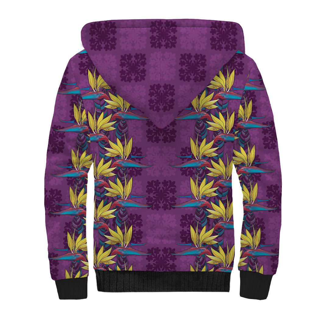Hawaii Waikiki King Sherpa Hoodie Purple Quilt With Pua Manu