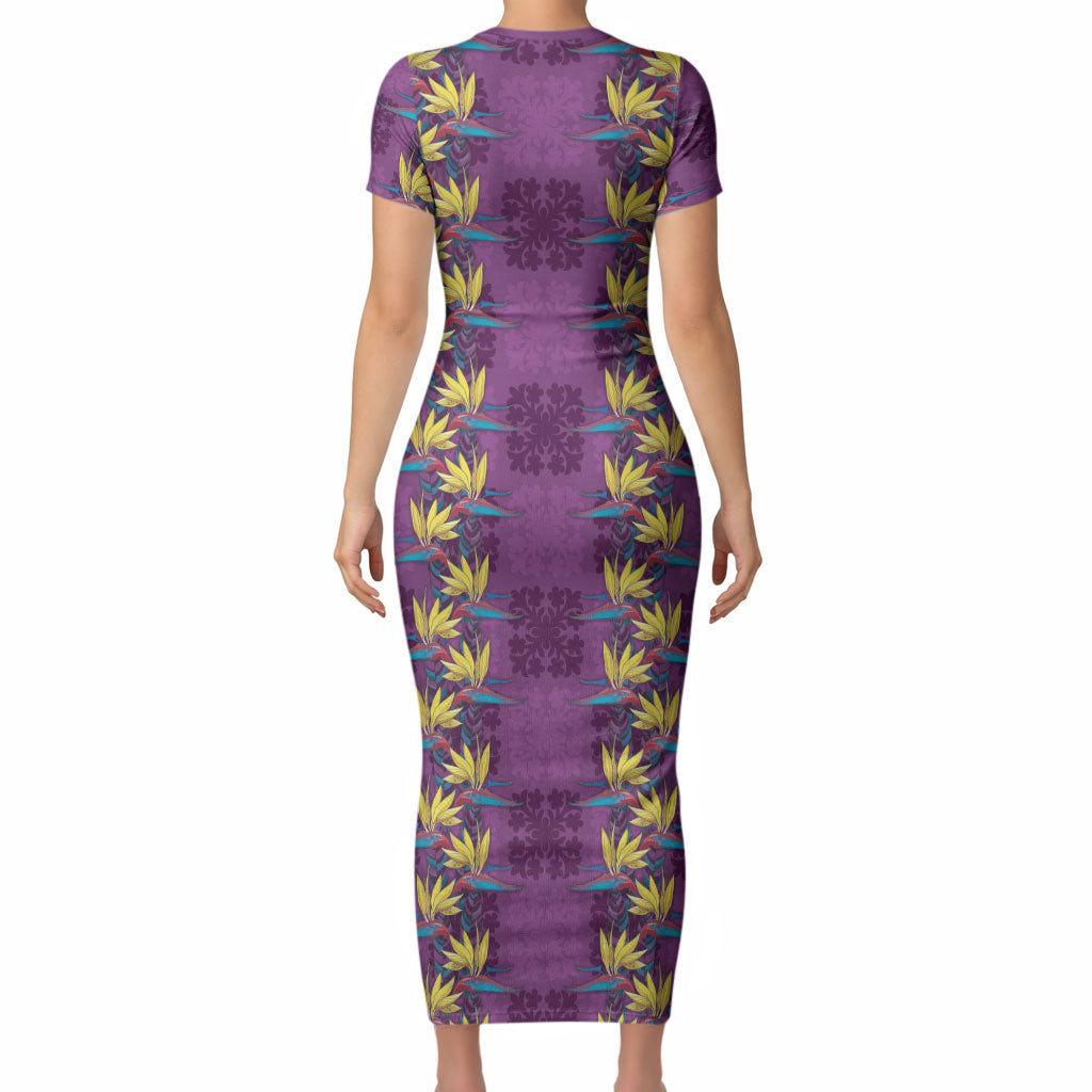 Hawaii Waikiki King Short Sleeve Bodycon Dress Purple Quilt With Pua Manu