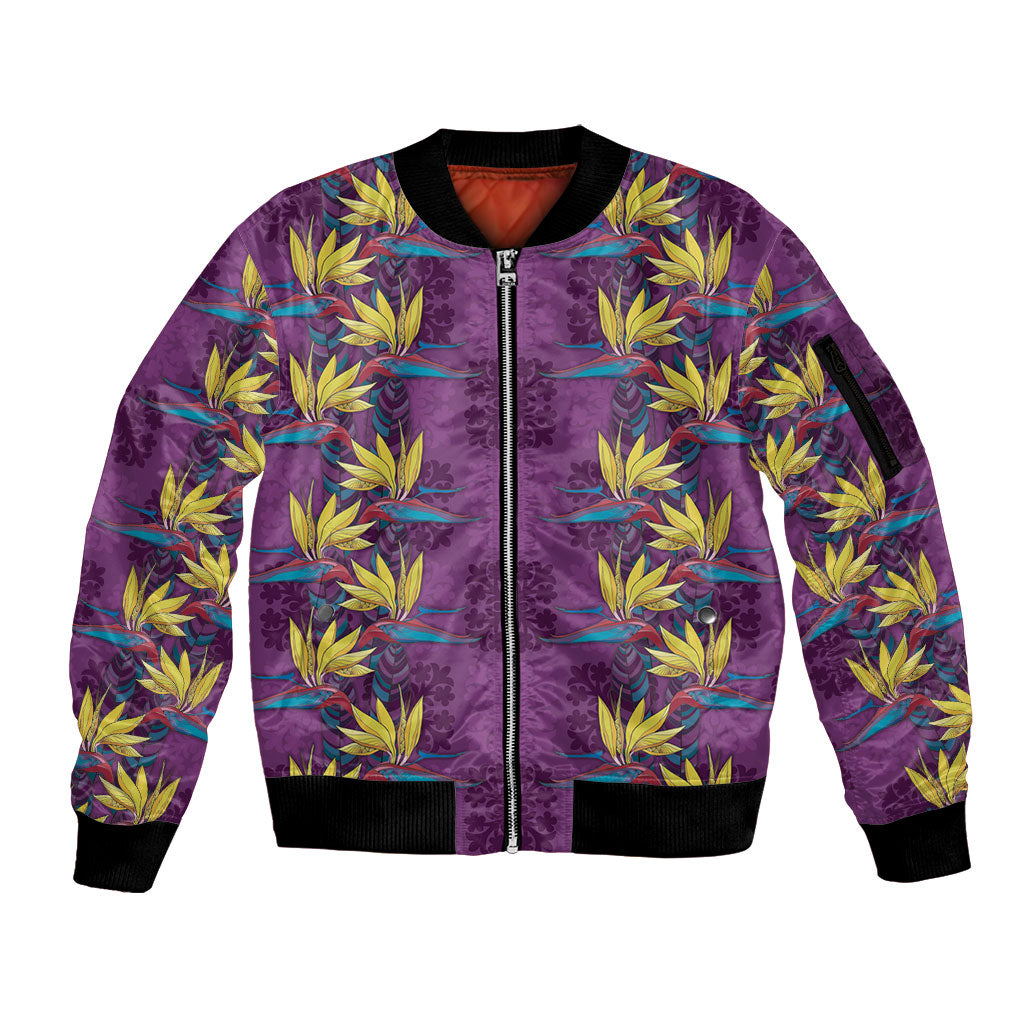 Hawaii Waikiki King Sleeve Zip Bomber Jacket Purple Quilt With Pua Manu
