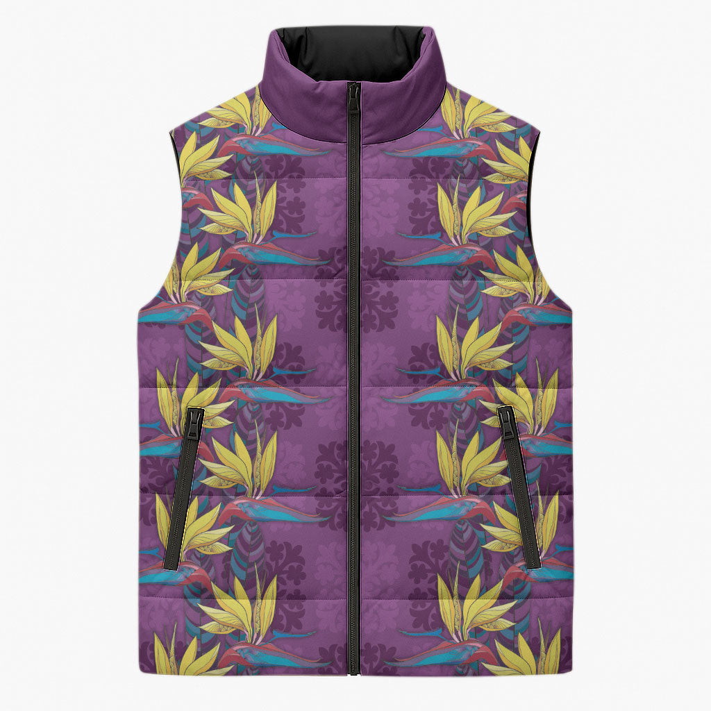 Hawaii Waikiki King Sleeveless Puffer Jacket Purple Quilt With Pua Manu