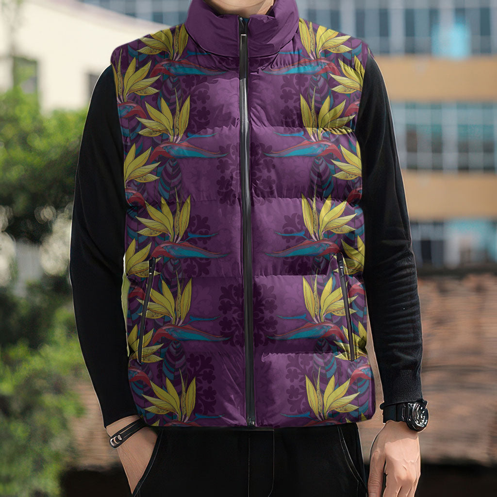 Hawaii Waikiki King Sleeveless Puffer Jacket Purple Quilt With Pua Manu