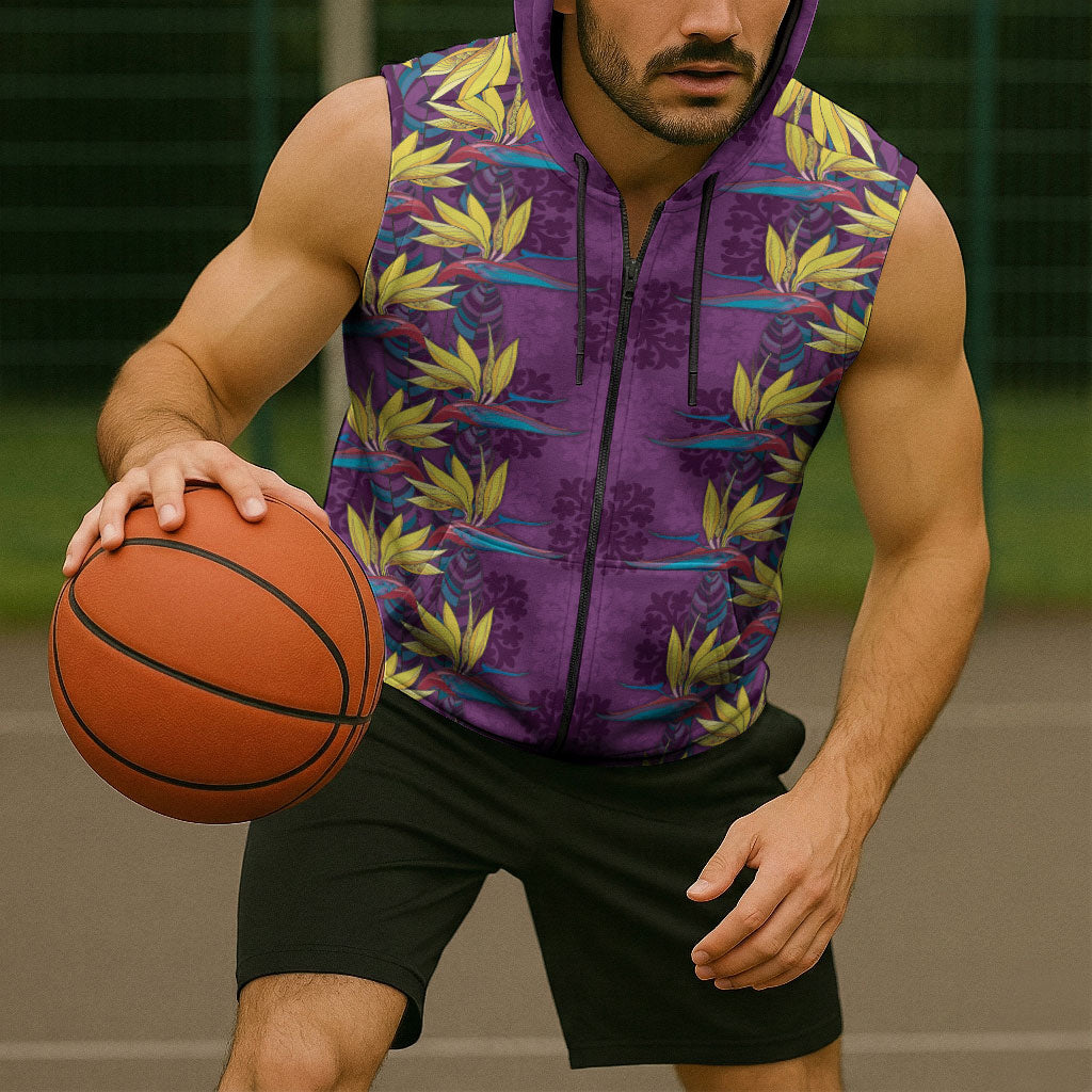 Hawaii Waikiki King Sleeveless Zip Hoodie Purple Quilt With Pua Manu