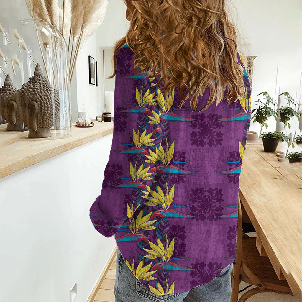 Hawaii Waikiki King Women Casual Shirt Purple Quilt With Pua Manu