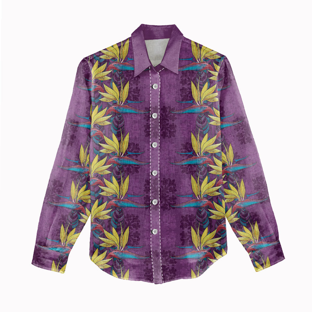 Hawaii Waikiki King Women Casual Shirt Purple Quilt With Pua Manu
