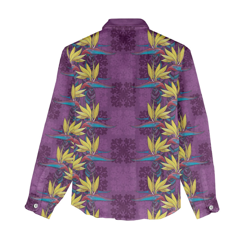 Hawaii Waikiki King Women Casual Shirt Purple Quilt With Pua Manu