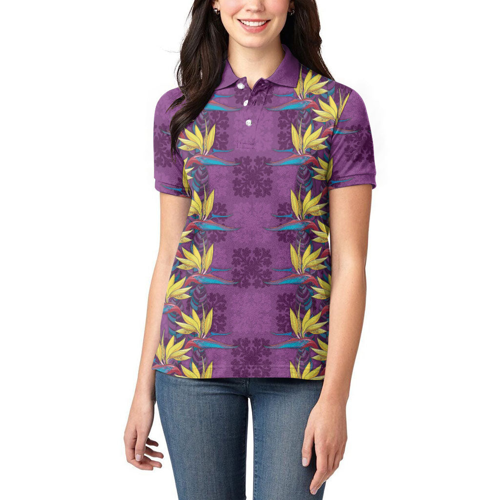 Hawaii Waikiki King Women Polo Shirt Purple Quilt With Pua Manu