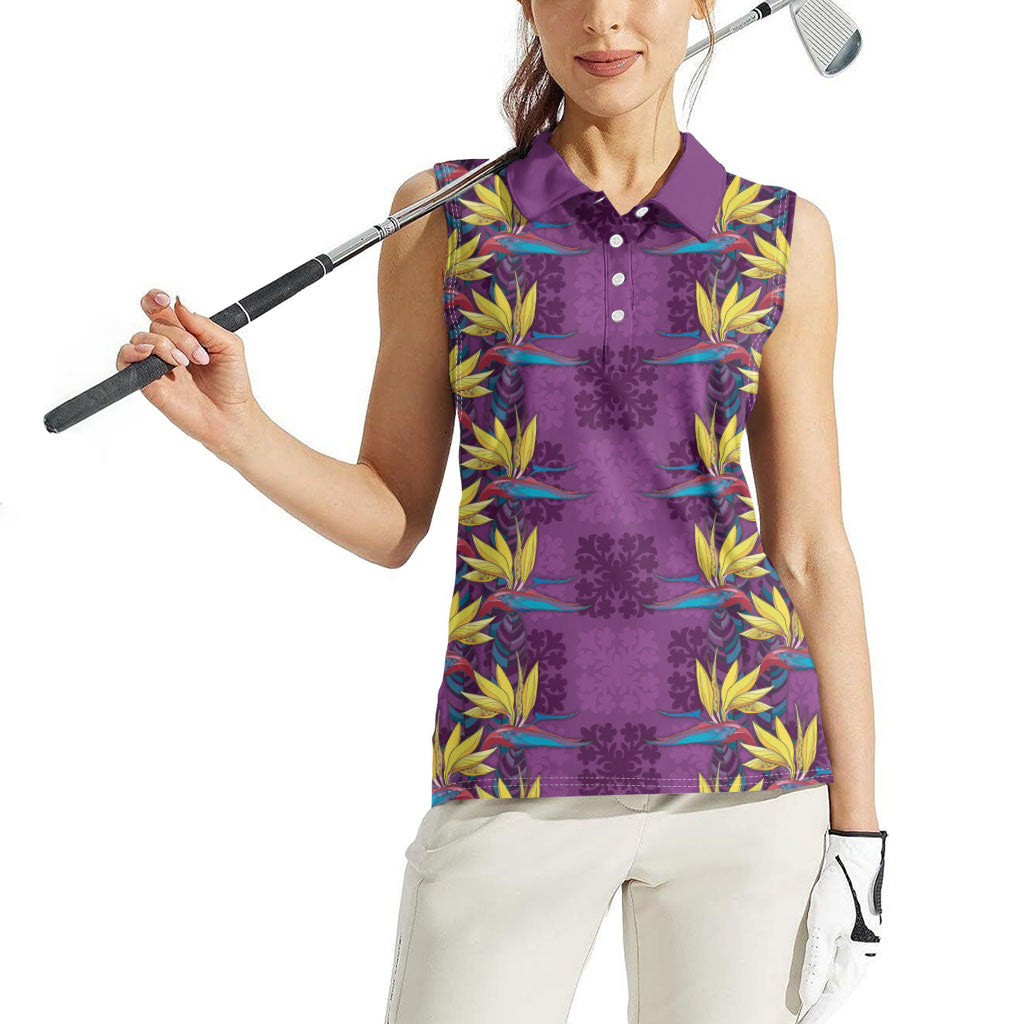 Hawaii Waikiki King Women Sleeveless Polo Shirt Purple Quilt With Pua Manu