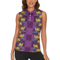 Hawaii Waikiki King Women Sleeveless Polo Shirt Purple Quilt With Pua Manu