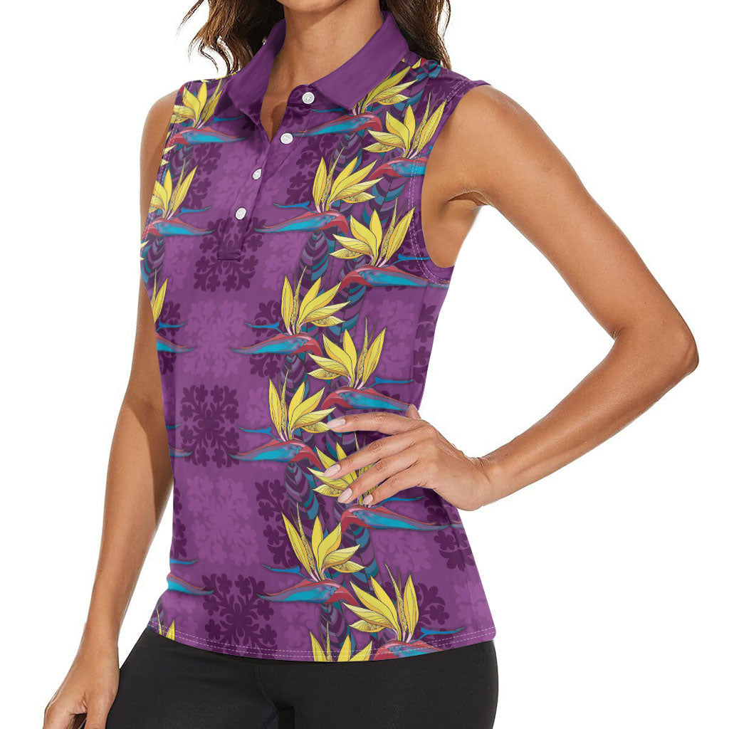 Hawaii Waikiki King Women Sleeveless Polo Shirt Purple Quilt With Pua Manu