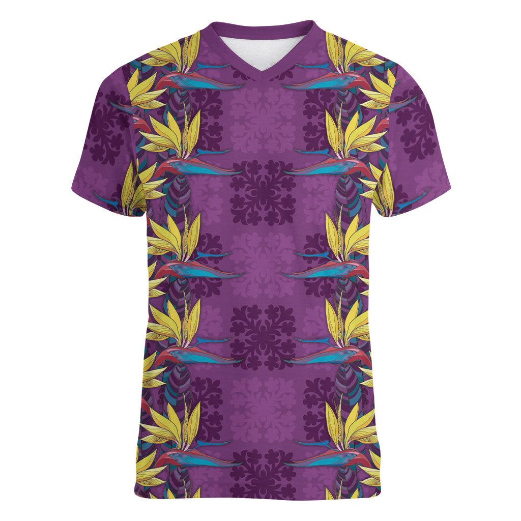 Hawaii Waikiki King Women V-Neck T-Shirt Purple Quilt With Pua Manu