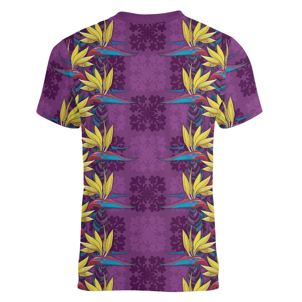 Hawaii Waikiki King Women V-Neck T-Shirt Purple Quilt With Pua Manu