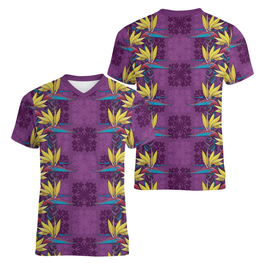 Hawaii Waikiki King Women V-Neck T-Shirt Purple Quilt With Pua Manu