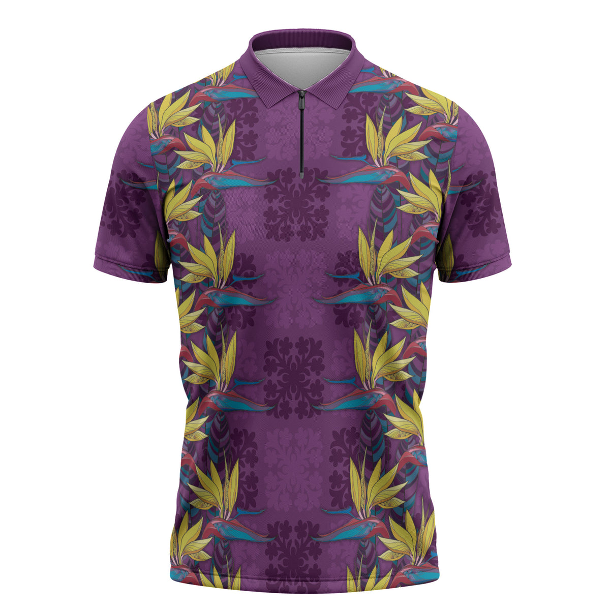 Hawaii Waikiki King Zipper Polo Shirt Purple Quilt With Pua Manu