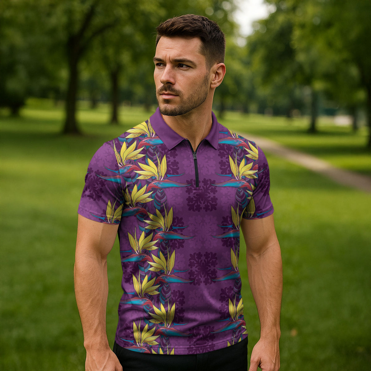 Hawaii Waikiki King Zipper Polo Shirt Purple Quilt With Pua Manu