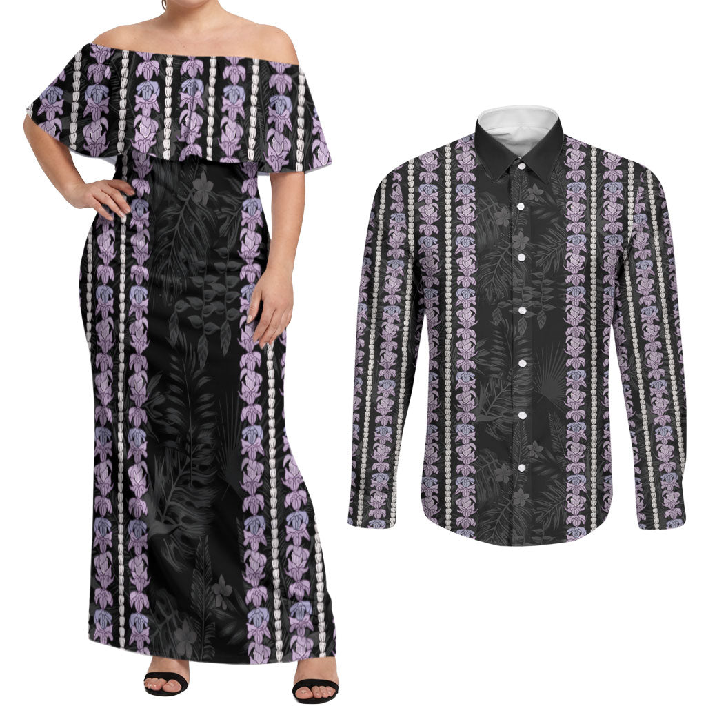 Hawaii Queen Liliuokalani Couples Matching Off Shoulder Maxi Dress and Long Sleeve Button Shirt Hawaiian Lei Pua Kalaunu