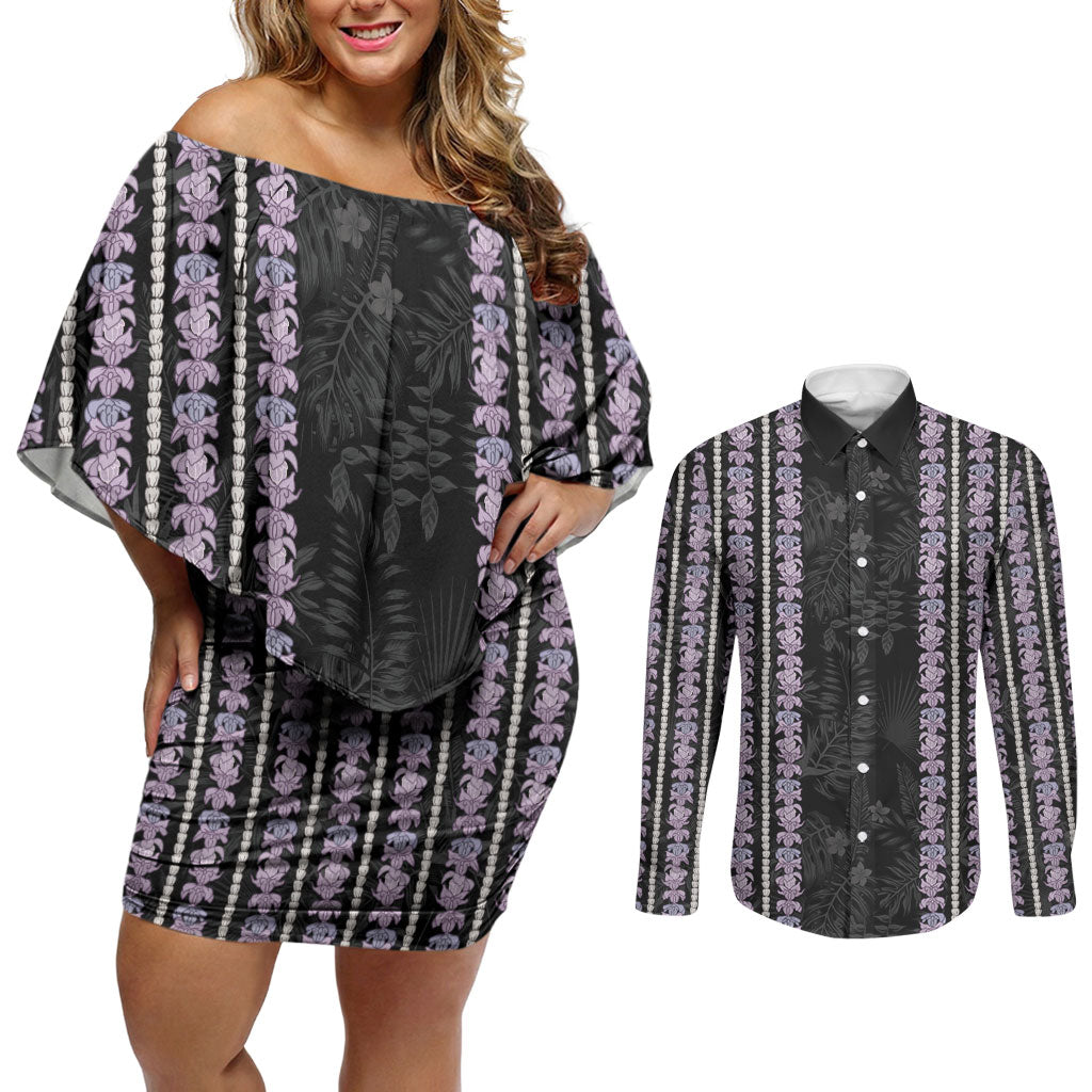 Hawaii Queen Liliuokalani Couples Matching Off Shoulder Short Dress and Long Sleeve Button Shirt Hawaiian Lei Pua Kalaunu