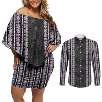 Hawaii Queen Liliuokalani Couples Matching Off Shoulder Short Dress and Long Sleeve Button Shirt Hawaiian Lei Pua Kalaunu