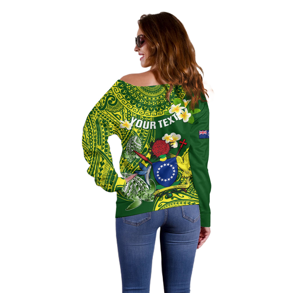 Personalized Cook Islands Off Shoulder Sweater Coat Of Arms Plumeria Polynesian Turtle LT05 - Polynesian Pride