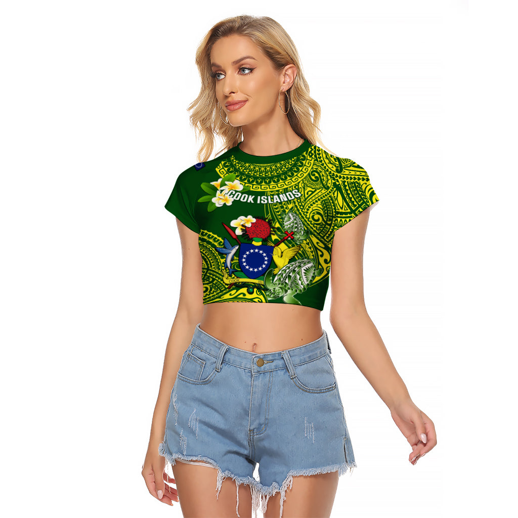 Personalized Cook Islands Raglan Cropped T Shirt Coat Of Arms Plumeria Polynesian Turtle LT05 Female Green - Polynesian Pride