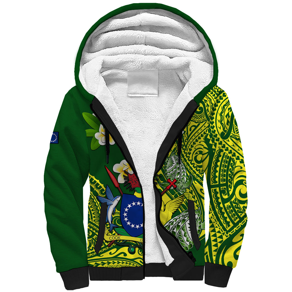 Personalized Cook Islands Sherpa Hoodie Coat Of Arms Plumeria Polynesian Turtle LT05 Unisex Green - Polynesian Pride