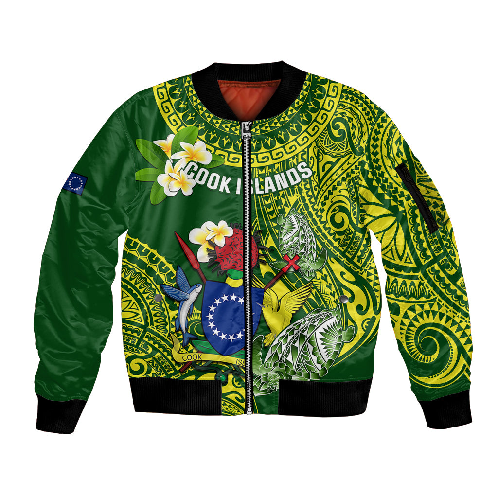 Personalized Cook Islands Sleeve Zip Bomber Jacket Coat Of Arms Plumeria Polynesian Turtle LT05 Unisex Green - Polynesian Pride