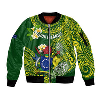 Personalized Cook Islands Sleeve Zip Bomber Jacket Coat Of Arms Plumeria Polynesian Turtle LT05 Unisex Green - Polynesian Pride