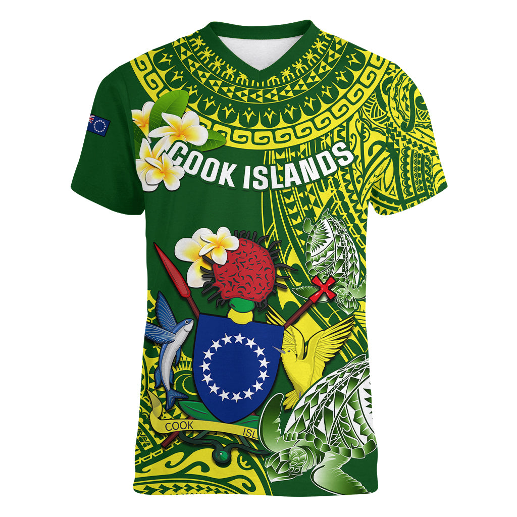 Personalized Cook Islands Women V Neck T Shirt Coat Of Arms Plumeria Polynesian Turtle LT05 Female Green - Polynesian Pride