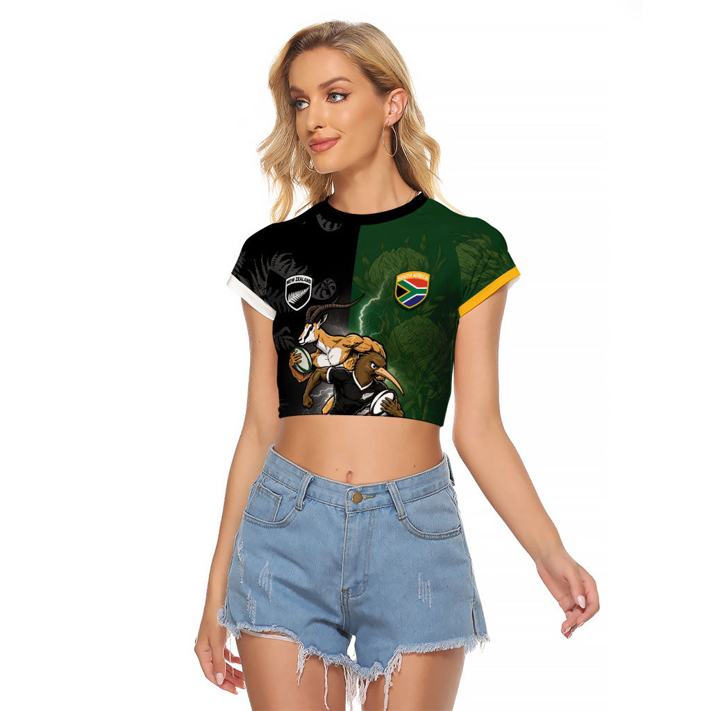 Custom South Africa And New Zealand Raglan Cropped T Shirt Springboks And Kiwis Rugby Rivalry LT05 Female Black - Polynesian Pride