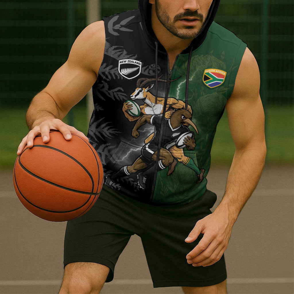 Custom South Africa And New Zealand Sleeveless Zip Hoodie Springboks And Kiwis Rugby Rivalry