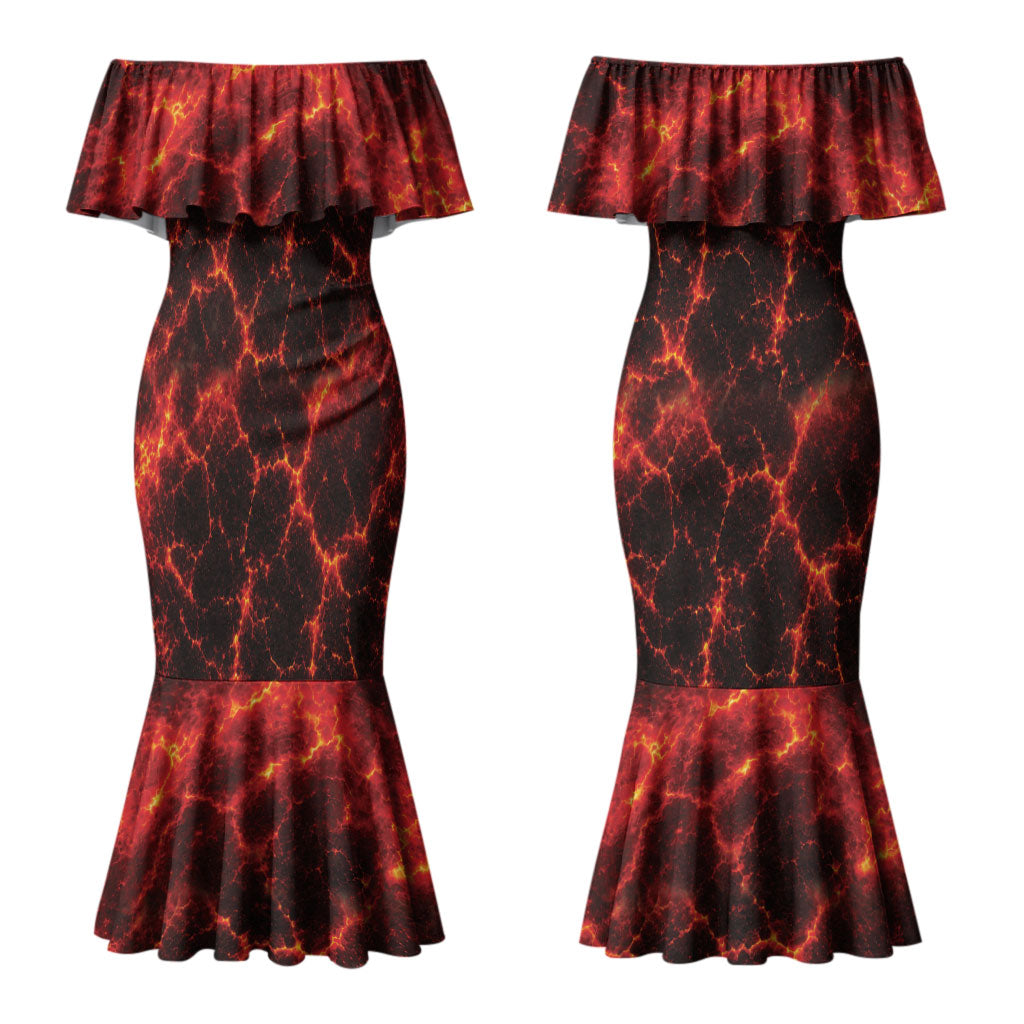 Lava Monster Costume Couples Matching Mermaid Dress and Long Sleeve Button Shirt Fiery Lava Spiral