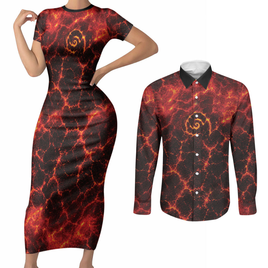 Lava Monster Costume Couples Matching Short Sleeve Bodycon Dress and Long Sleeve Button Shirt Fiery Lava Spiral