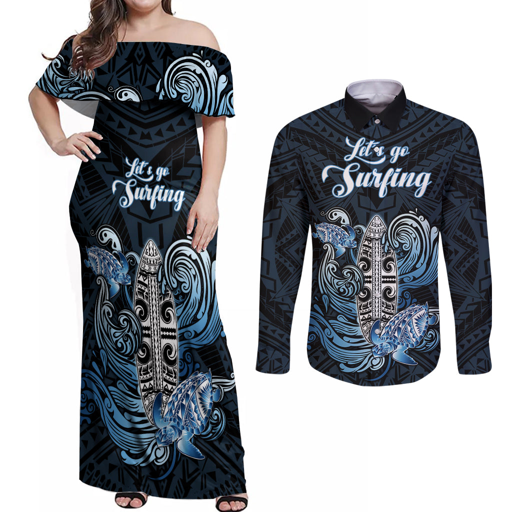 Personalised Polynesia Go Surfing Couples Matching Off Shoulder Maxi Dress and Long Sleeve Button Shirt The Pacific Wave Of Water LT05 Blue - Polynesian Pride