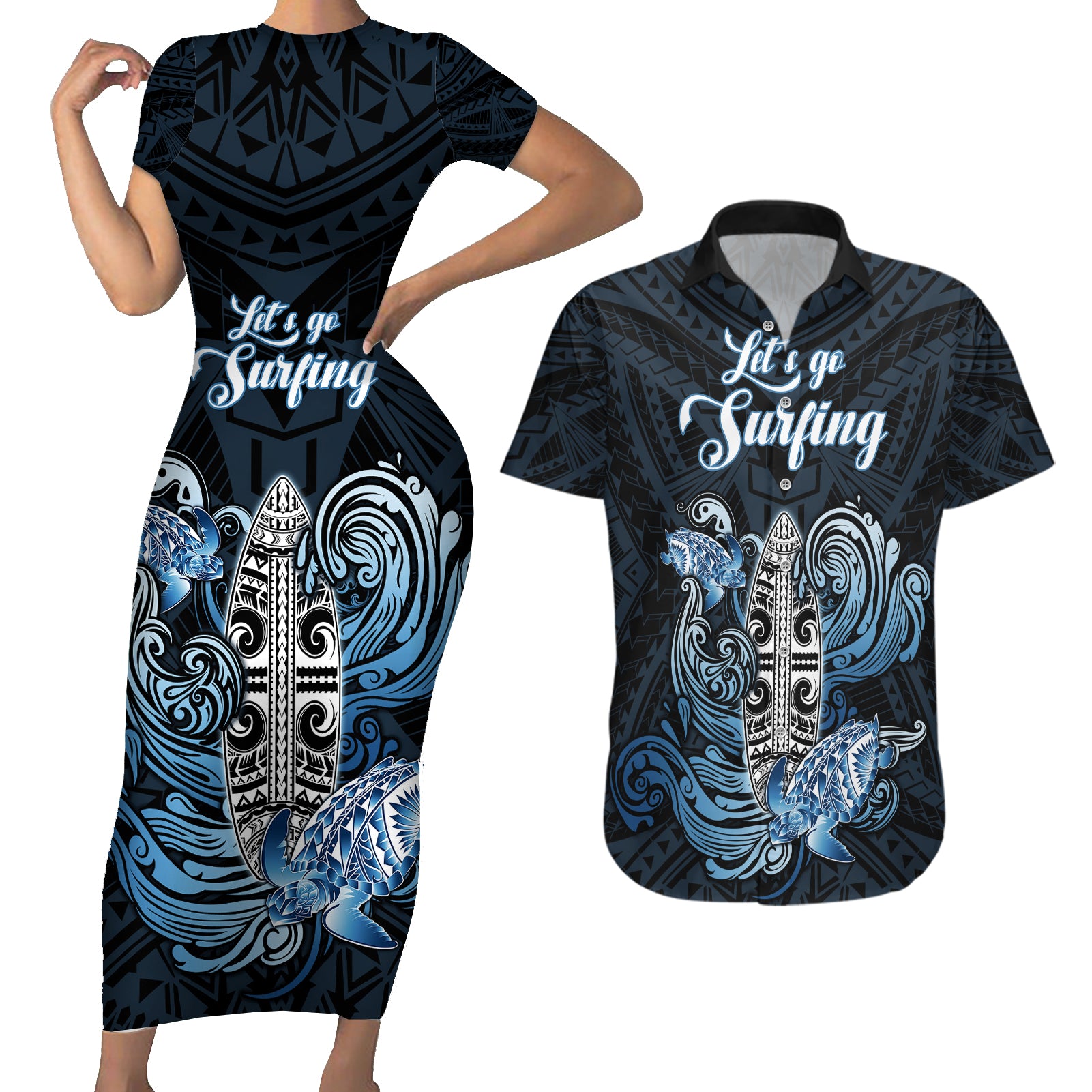 Personalised Polynesia Go Surfing Couples Matching Short Sleeve Bodycon Dress and Hawaiian Shirt The Pacific Wave Of Water LT05 Blue - Polynesian Pride