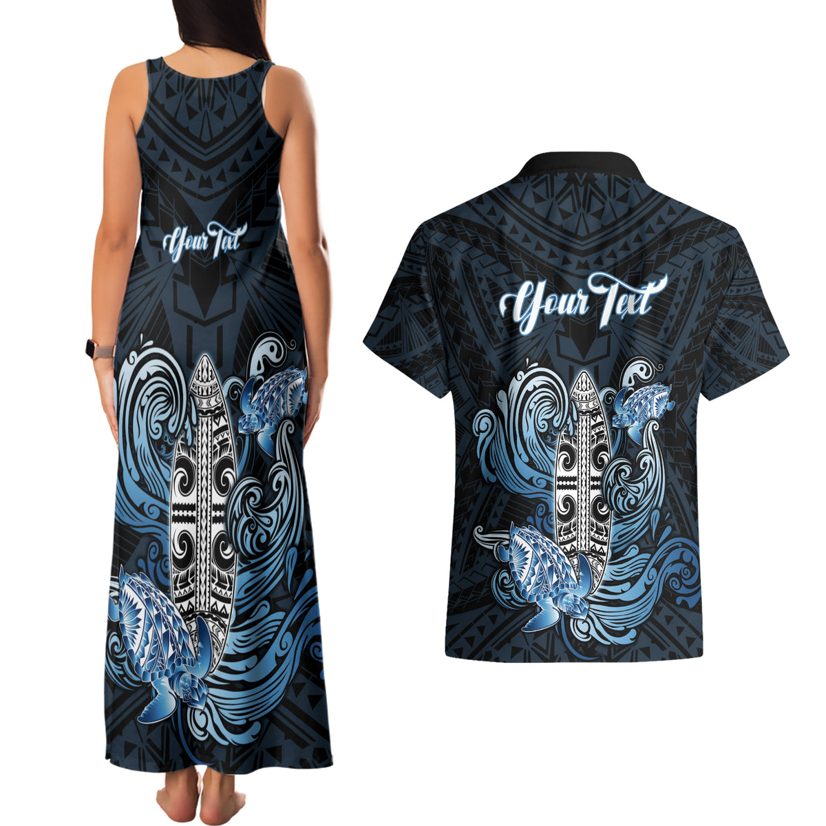 Personalised Polynesia Go Surfing Couples Matching Tank Maxi Dress and Hawaiian Shirt The Pacific Wave Of Water LT05 - Polynesian Pride
